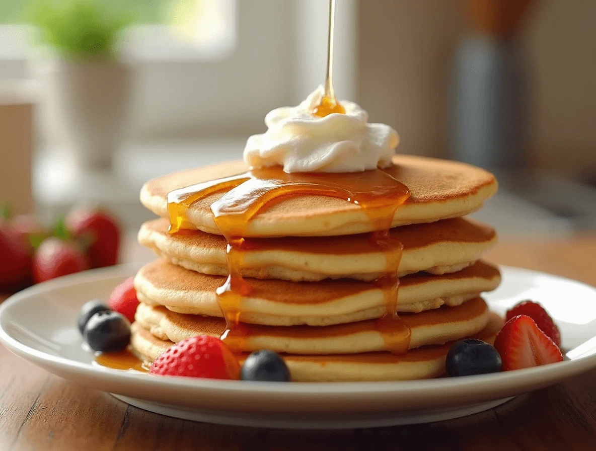 Fluffy stack of Bisquick Pancakes Recipe with maple syrup and fresh berries.