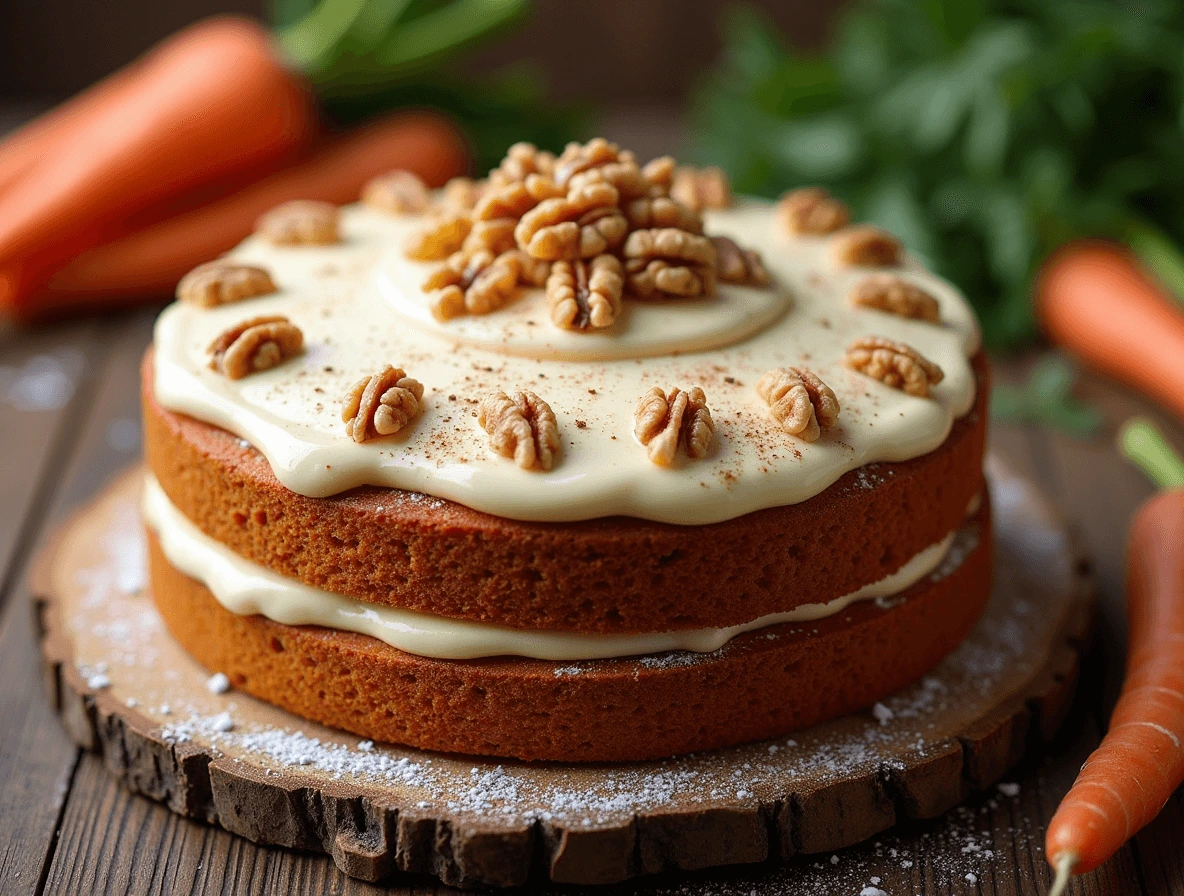 Freshly baked homemade carrot cake with cream cheese frosting and chopped walnuts on top.