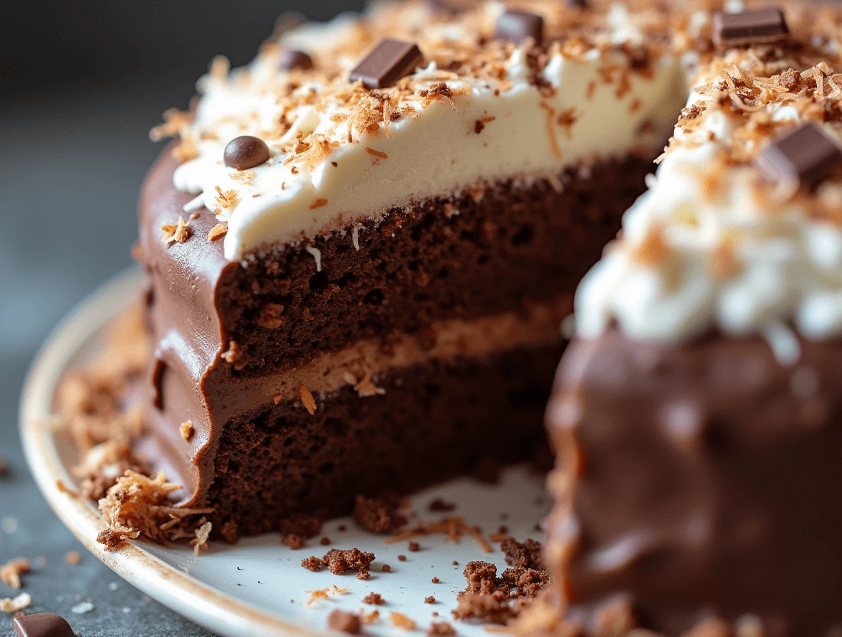 Moist chocolate coconut cake topped with coconut frosting and chocolate shavings