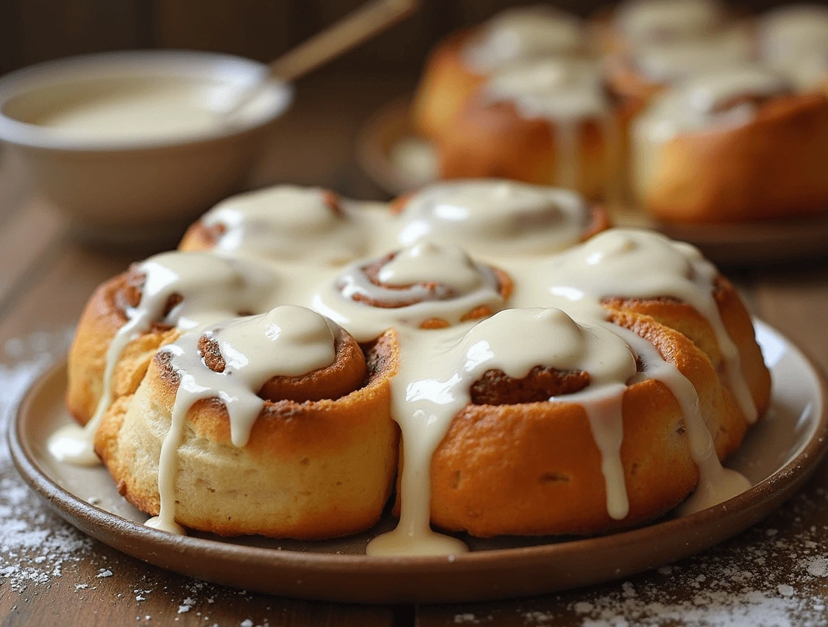 Close-up of a freshly baked cinnamon roll icing drizzled with smooth, creamy icing, melting into the warm, golden-brown pastry