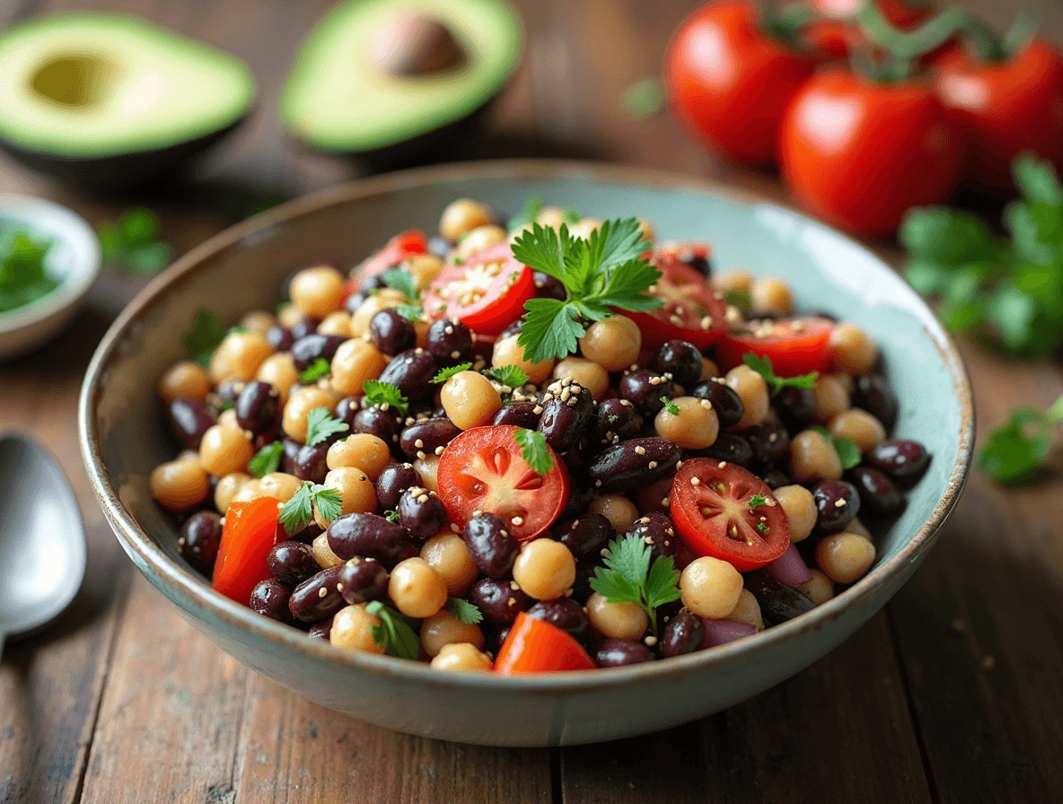 Colorful and vibrant dense bean salad with black beans, kidney beans, chickpeas, tomatoes, red onion, and fresh cilantro in a bowl.