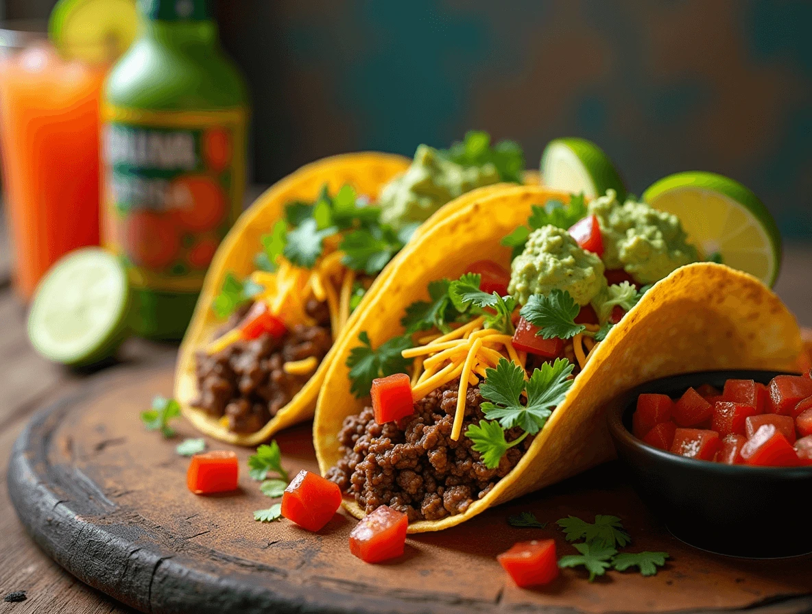 A plate of freshly assembled El Taco Loco tacos with grilled meat, fresh salsa, guacamole, shredded cheese, and cilantro, served with lime wedges and salsa.