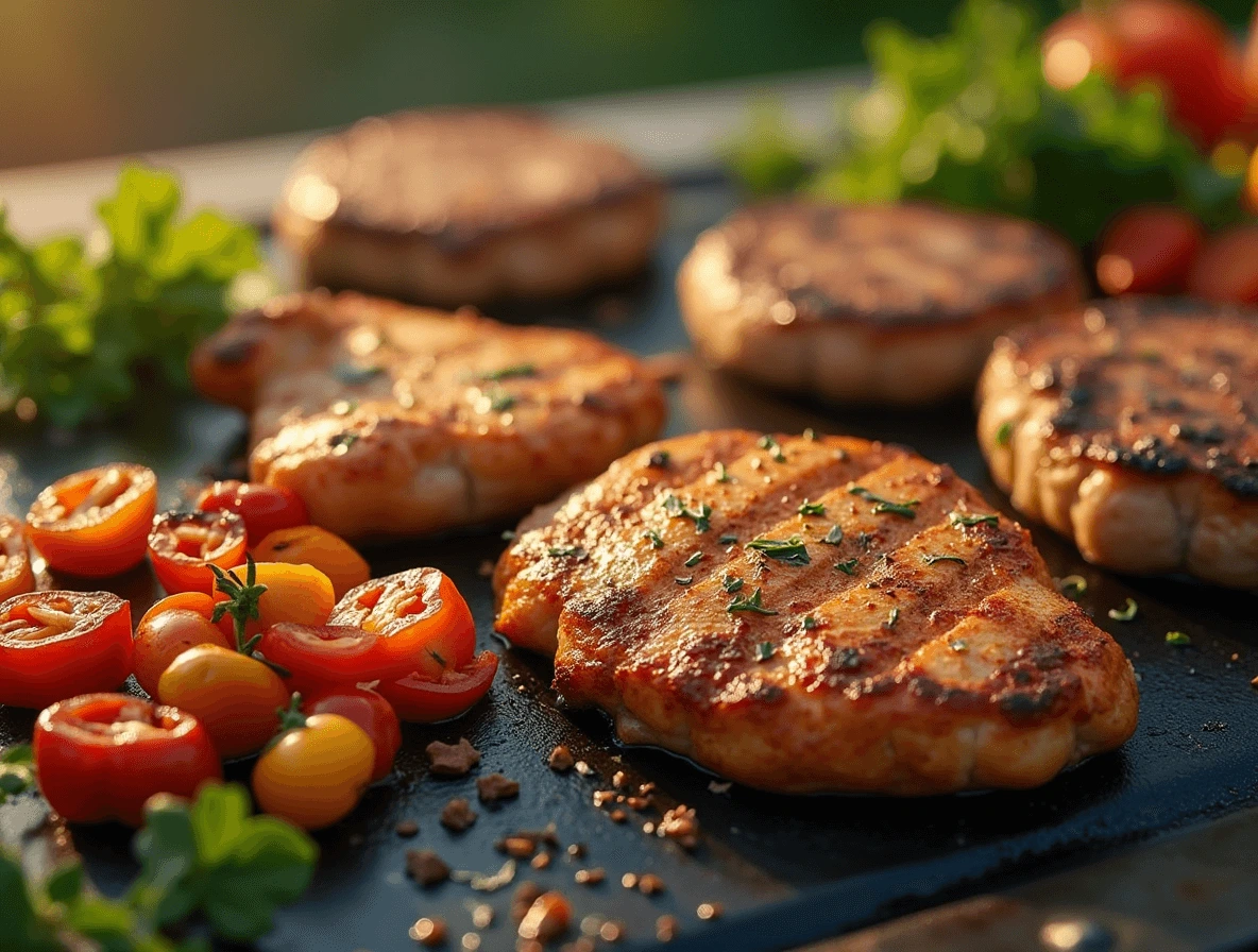 Delicious griddle recipes including smash burgers, grilled vegetables, and breakfast items cooking on a flat-top griddle.