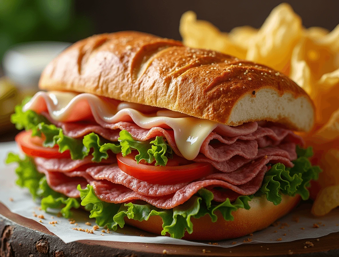 A delicious grinder sandwich with layers of deli meats, melted cheese, fresh veggies, and a toasted hoagie roll, served with pickles and chips.