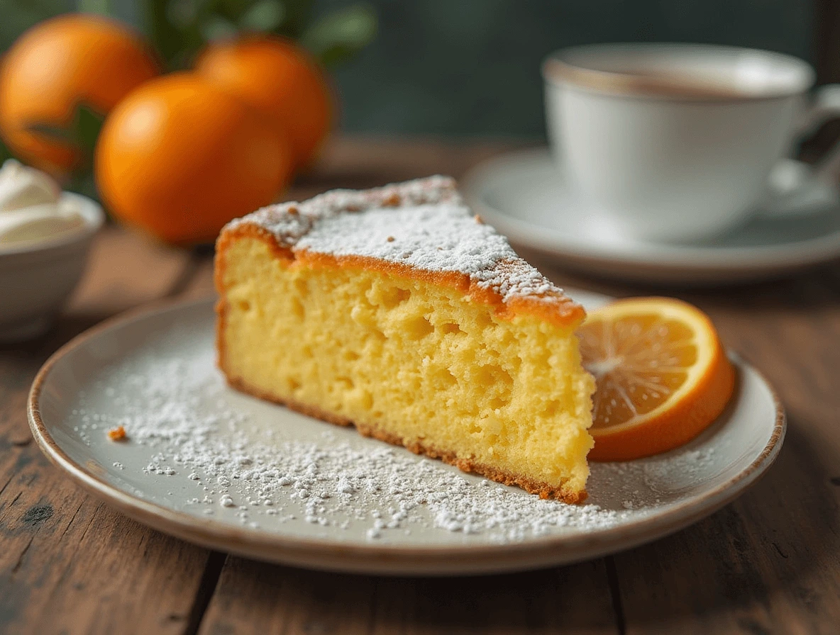 Delicious homemade orange cake topped with orange glaze and zest, showing a moist and fluffy texture.