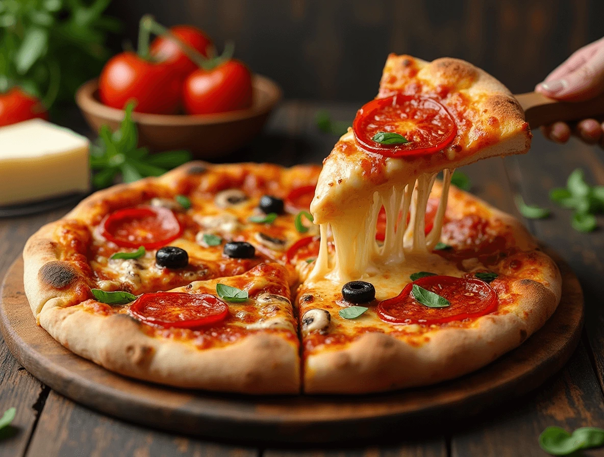 Delicious homemade pizza pie with a crispy golden crust, melted cheese, and fresh toppings like pepperoni and olives.