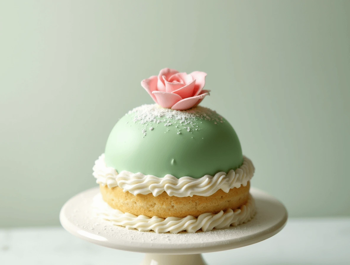 Traditional Swedish Princess Cake with marzipan covering, whipped cream, raspberry jam, and pastry cream layers.