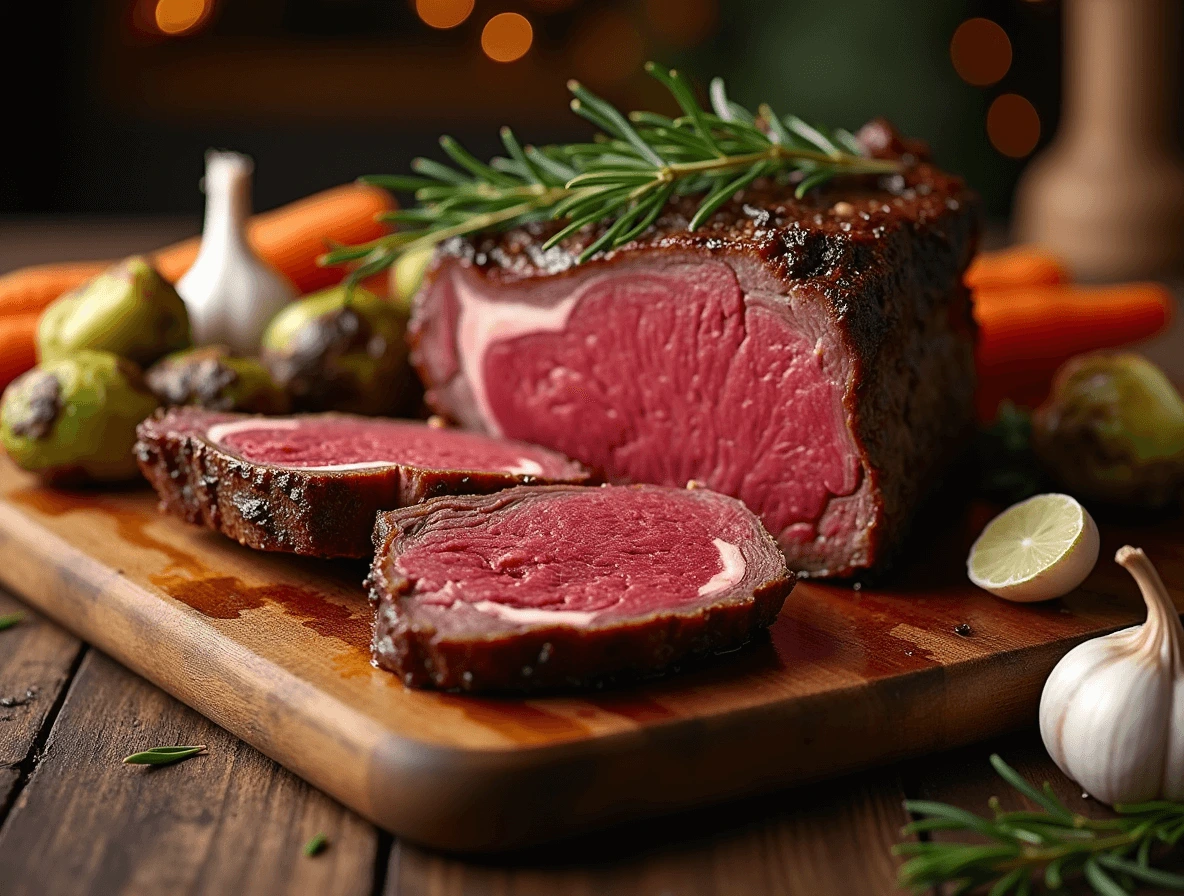 Perfectly cooked ribeye roast with a golden-brown crust, marbled with fat, and garnished with fresh herbs.