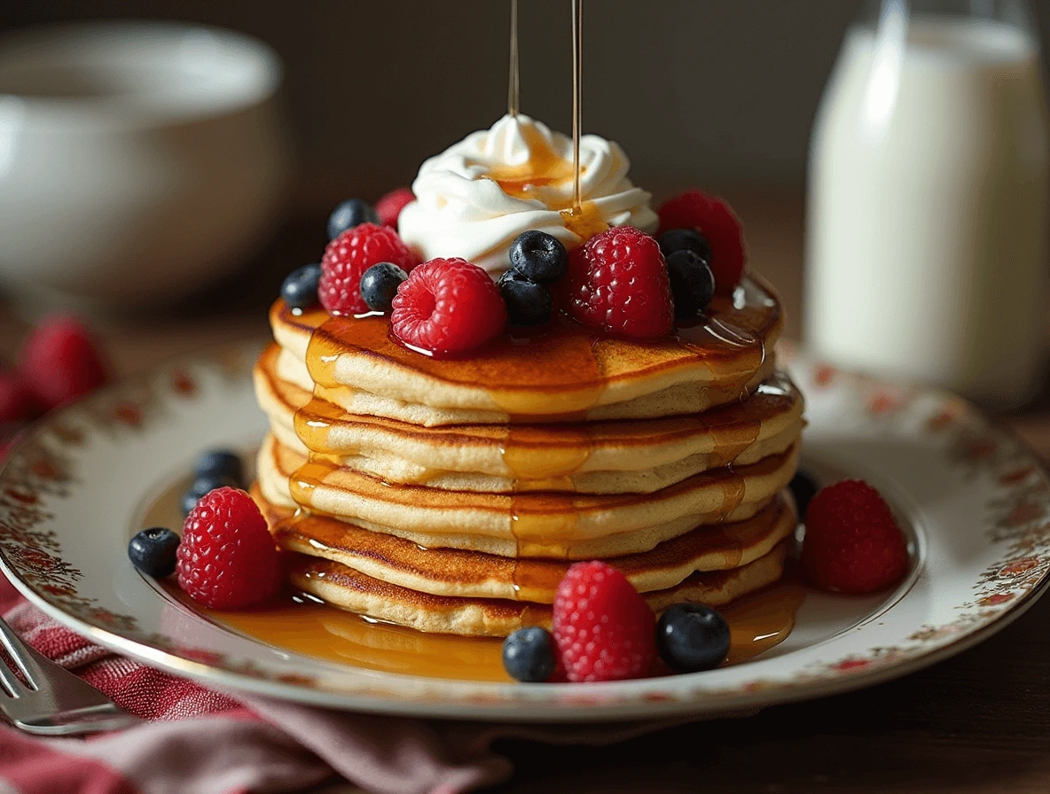 A stack of golden-brown sourdough discard pancakes topped with fresh berries, a drizzle of honey, and a dollop of yogurt, served on a rustic wooden plate.