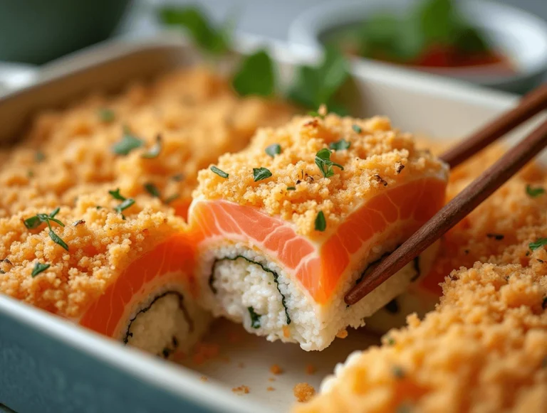 Cheesy and golden-brown sushi bake salmon topped with furikake and served with nori sheets.