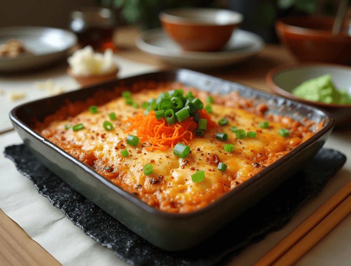 A freshly baked sushi bake tuna in a ceramic dish, topped with golden-brown melted cheese, vibrant green onions, furikake seasoning, and bright orange tobiko, served with crispy nori sheets on the side.