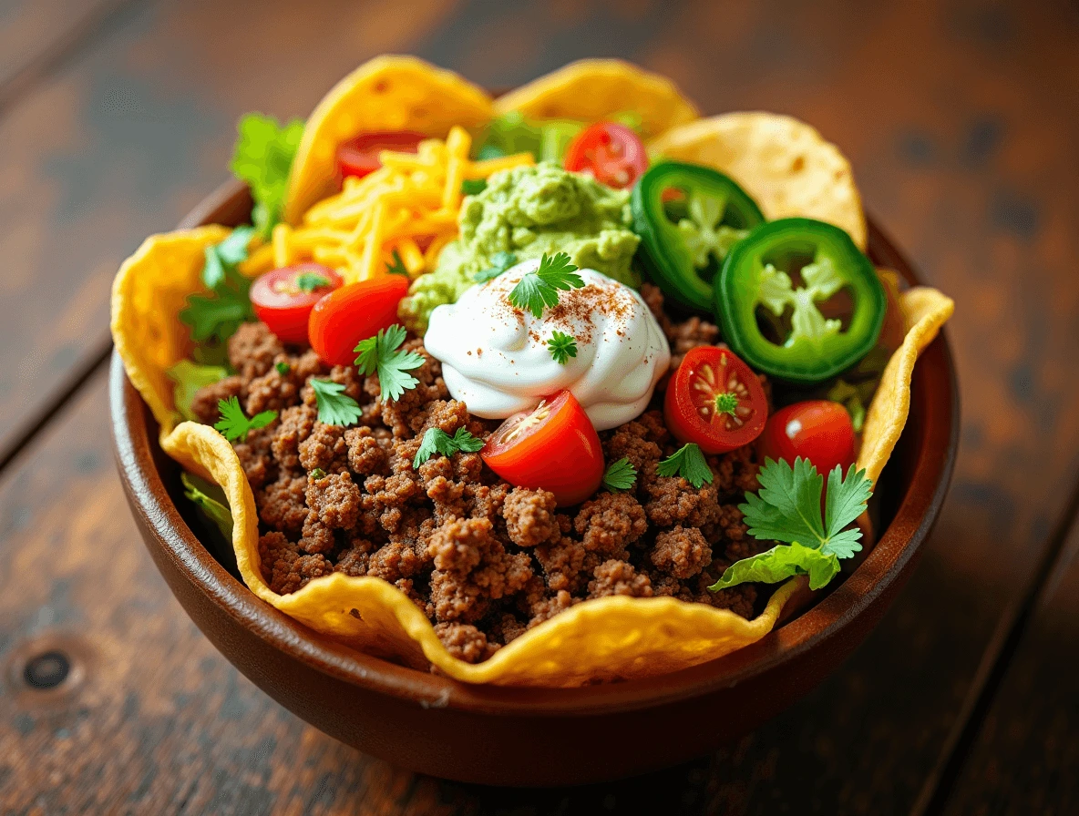 A crispy taco bowl filled with seasoned beef, fresh lettuce, diced tomatoes, shredded cheese, sour cream, and guacamole, served on a rustic wooden table.