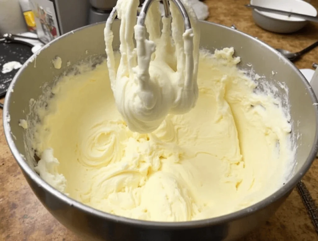 Whisking cream cheese, butter, and powdered sugar to make smooth frosting.