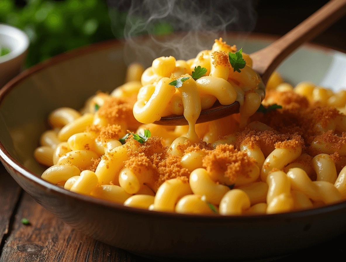 A creamy, cheesy bowl of Tini mac and cheese recipe topped with golden breadcrumbs, served in a cozy kitchen setting with steam rising from the dish.