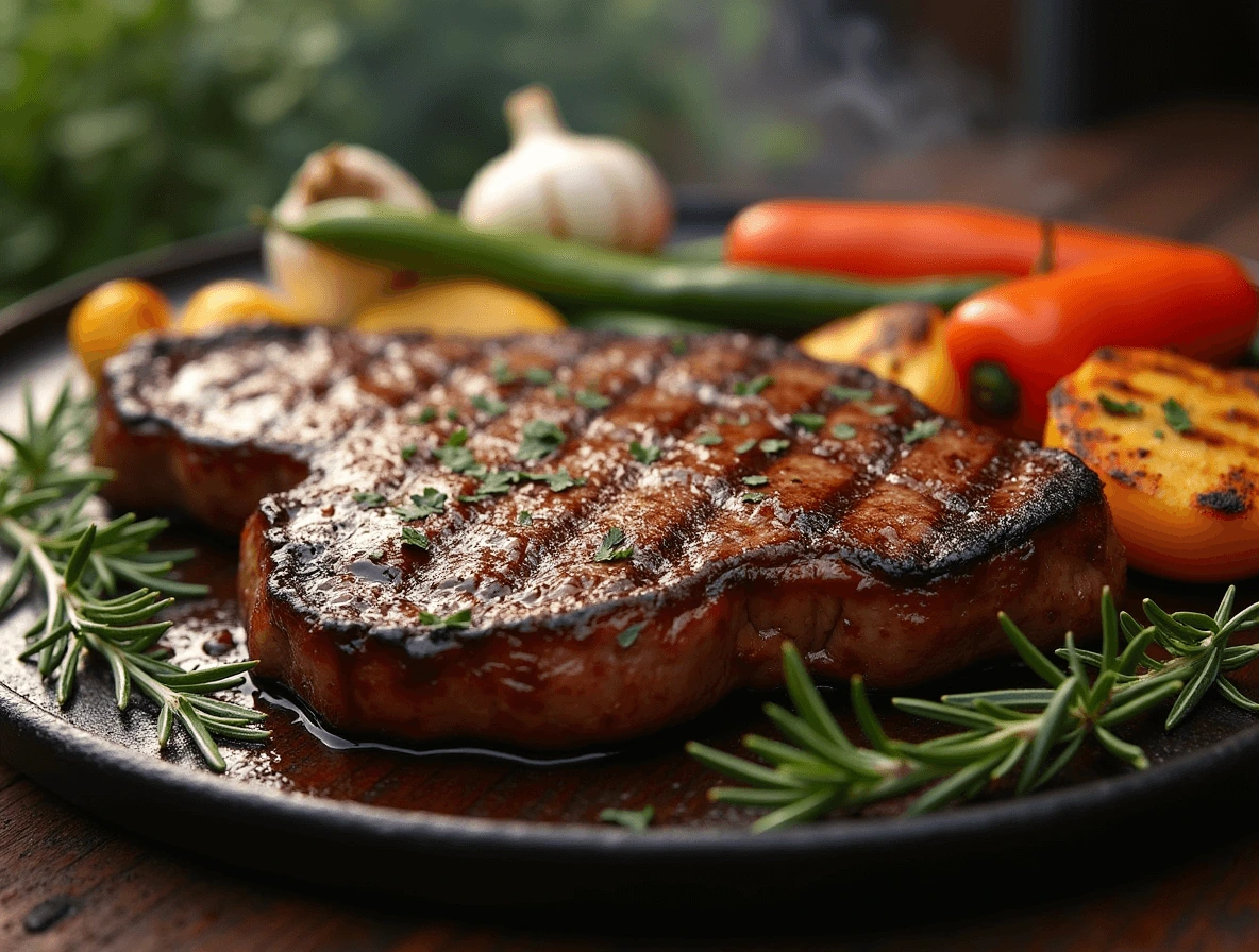 Juicy Traeger recipes steak with a perfect sear, sliced on a wooden cutting board, surrounded by seasonings and wood pellets.