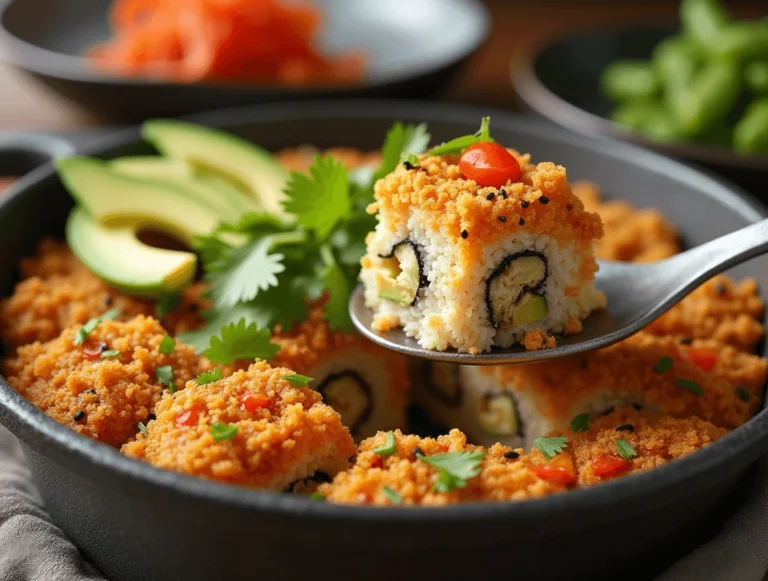 Delicious vegan sushi bake topped with avocado, sesame seeds, and scallions served with miso soup, edamame, and pickled ginger.