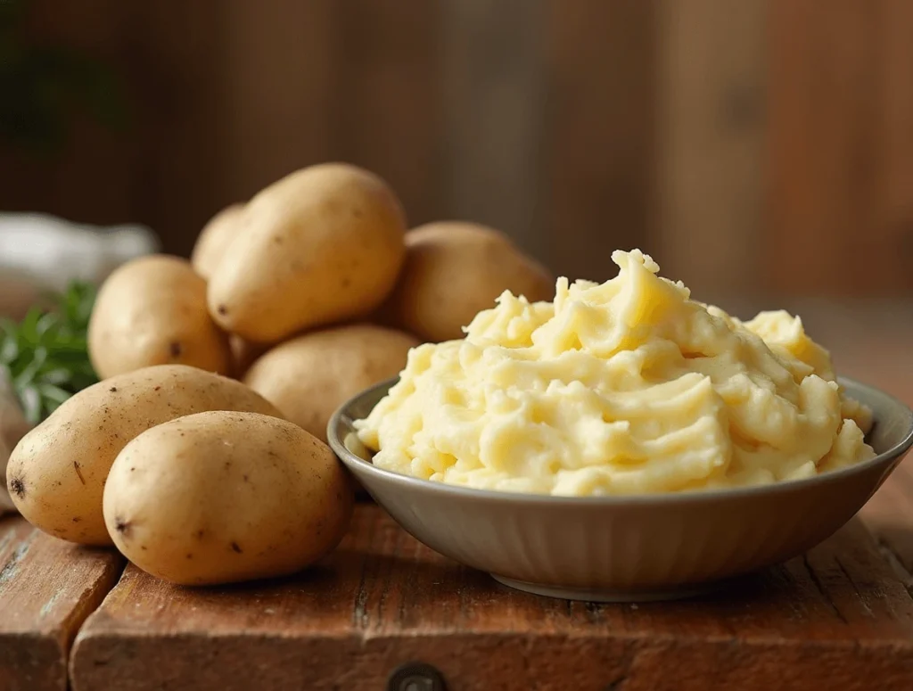 Russet and Yukon Gold potatoes on a wooden counter, ready for potato soup.