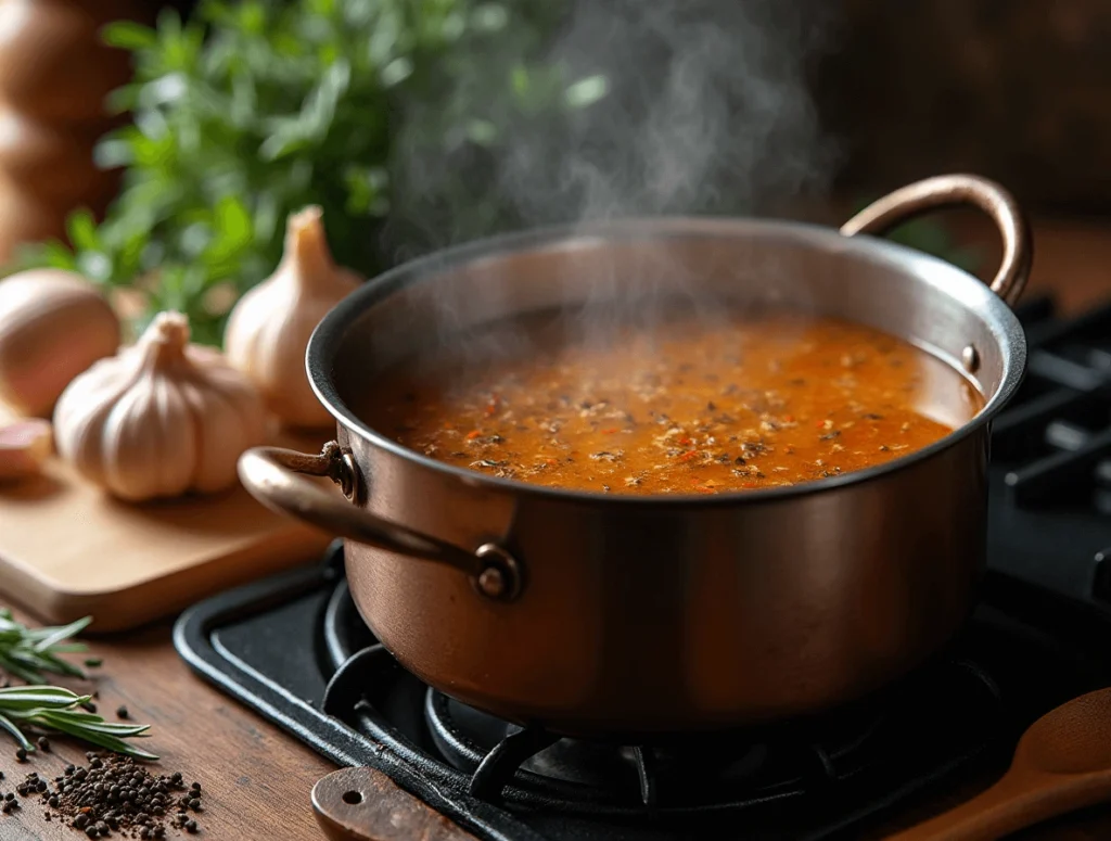 A simmering pot of rich broth with garlic, onions, and fresh herbs.