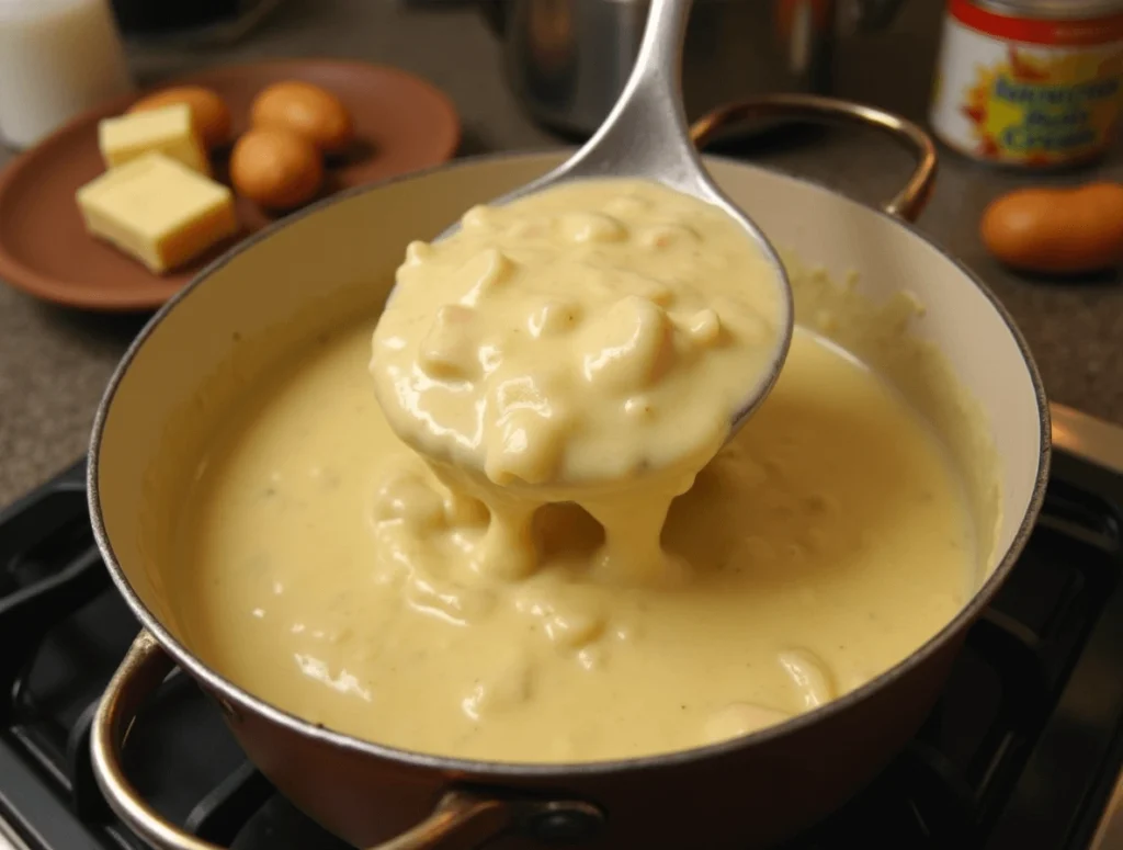 A bowl of creamy potato soup with a velvety texture and visible chunks of potatoes.