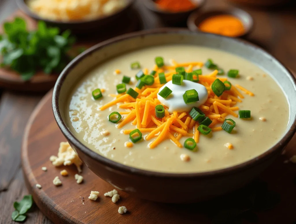 A bowl of creamy potato soup topped with shredded cheddar, green onions, and a dollop of sour cream.