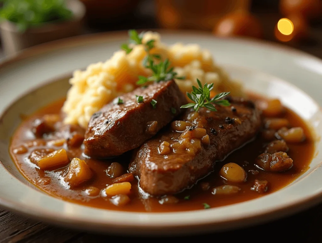 Braised stew meat served with onion and garlic gravy over mashed potatoes.