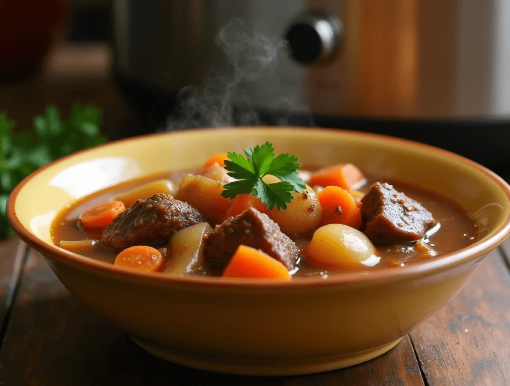 Classic slow cooker beef stew with tender beef chunks, carrots, potatoes, and rich broth.