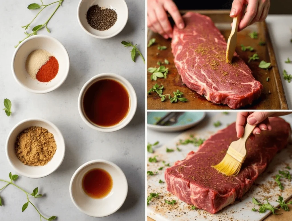 Various essential spices and marinades for brisket, including paprika, garlic powder, and brown sugar.