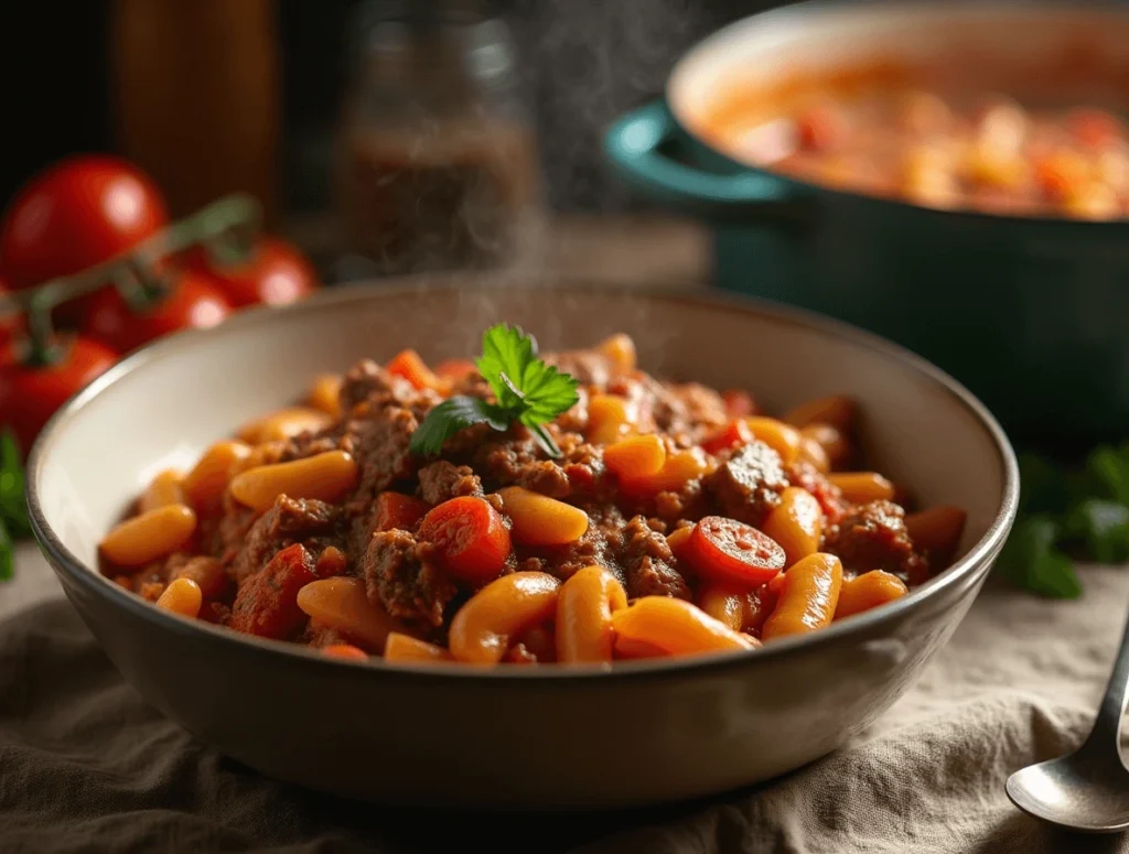 Hearty one-pot beef goulash with tender beef, pasta, tomatoes, and bell peppers.