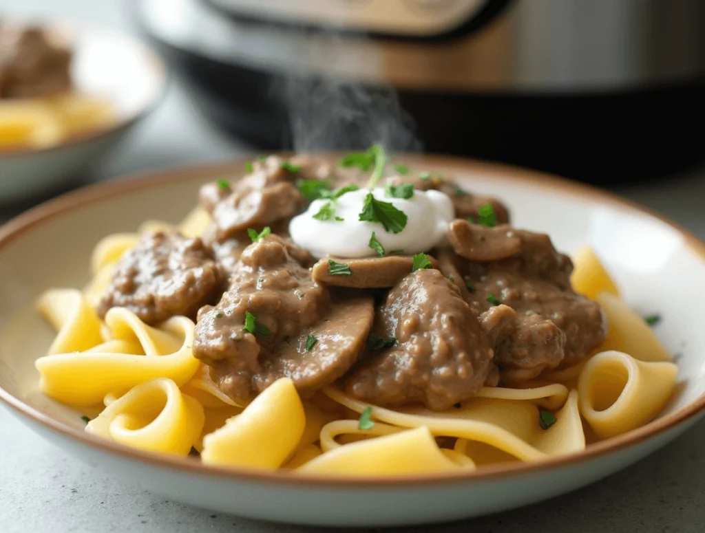 Instant Pot stew meat stroganoff with creamy mushroom sauce over egg noodles.