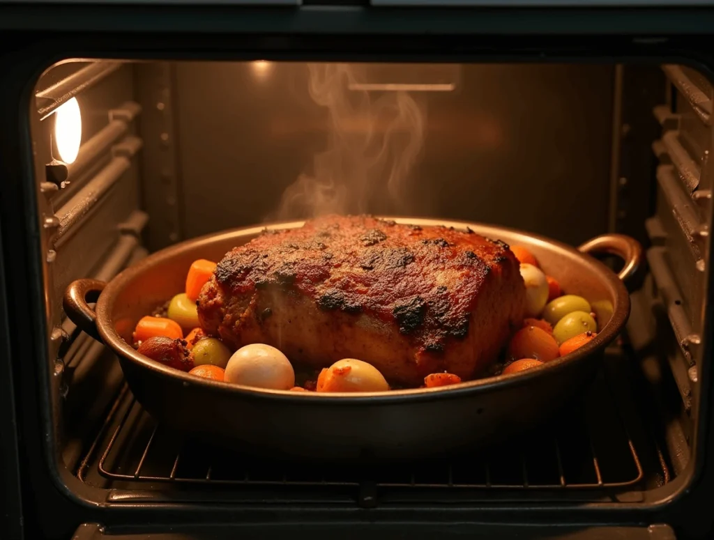 Slow-cooked brisket in the oven with a golden-brown crust, surrounded by aromatic vegetables in a roasting pan.