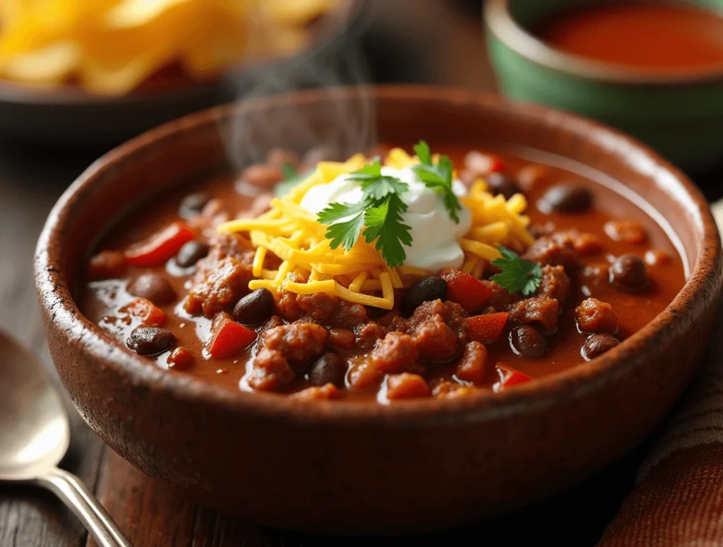 Spicy chili with stew meat, beans, tomatoes, and chili spices, topped with cheese and sour cream.