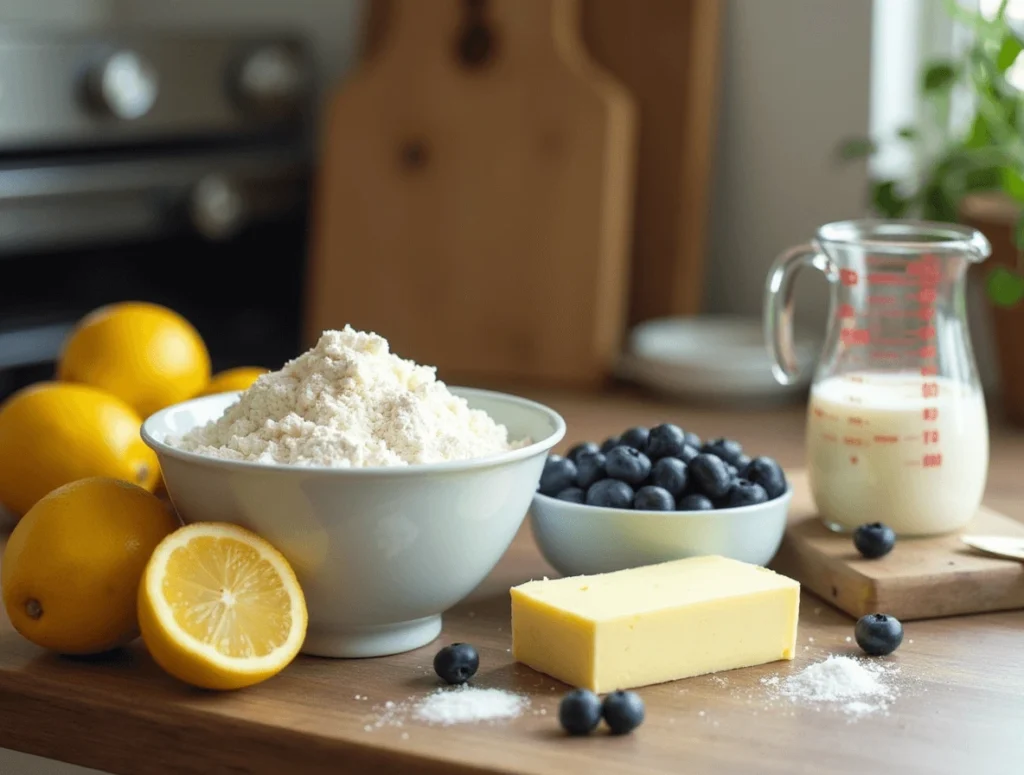 Ingredients for lemon blueberry bread arranged on a kitchen counter with an oven preheating in the background.