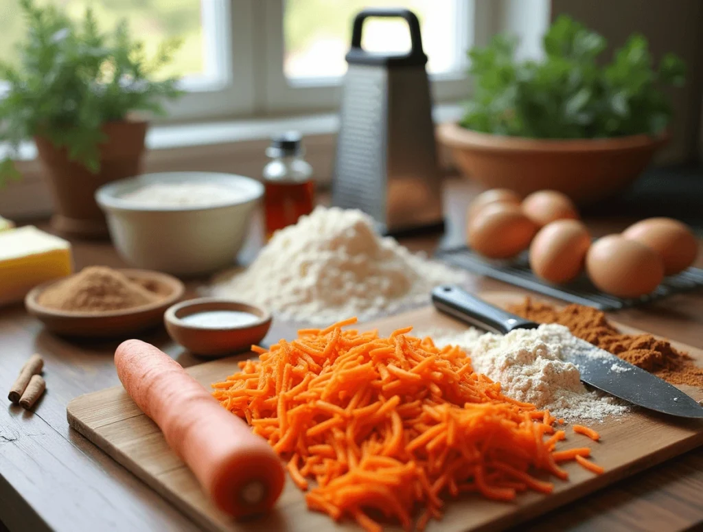 Freshly grated carrots on a cutting board with measuring ingredients for carrot cake cookies.