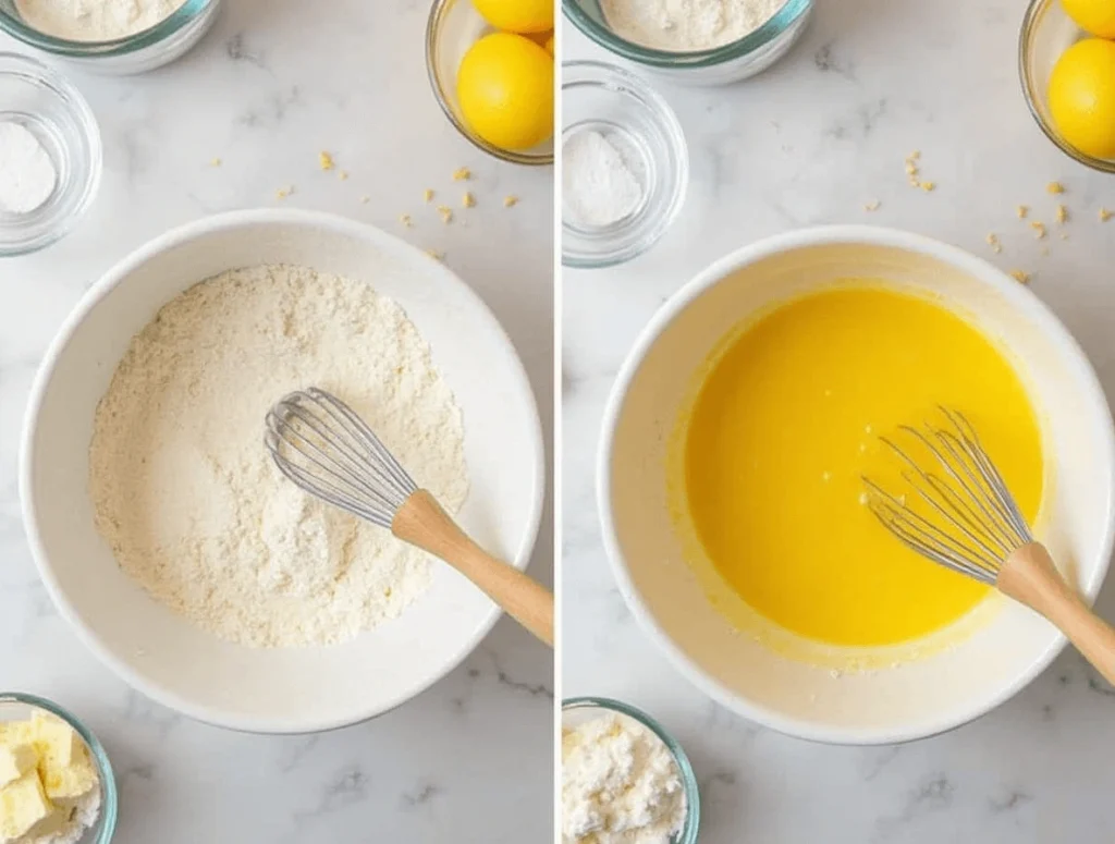 Mixing dry ingredients in one bowl and wet ingredients in another for lemon blueberry bread.