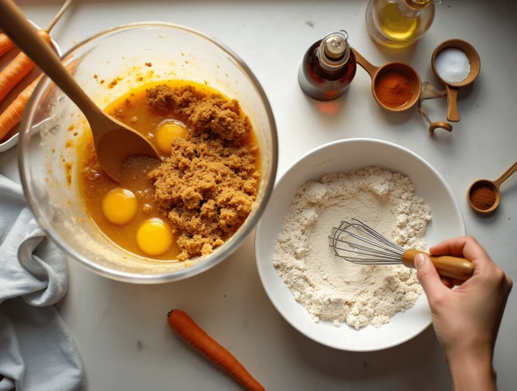 Mixing wet and dry ingredients together in a bowl to make carrot cake cookie dough.