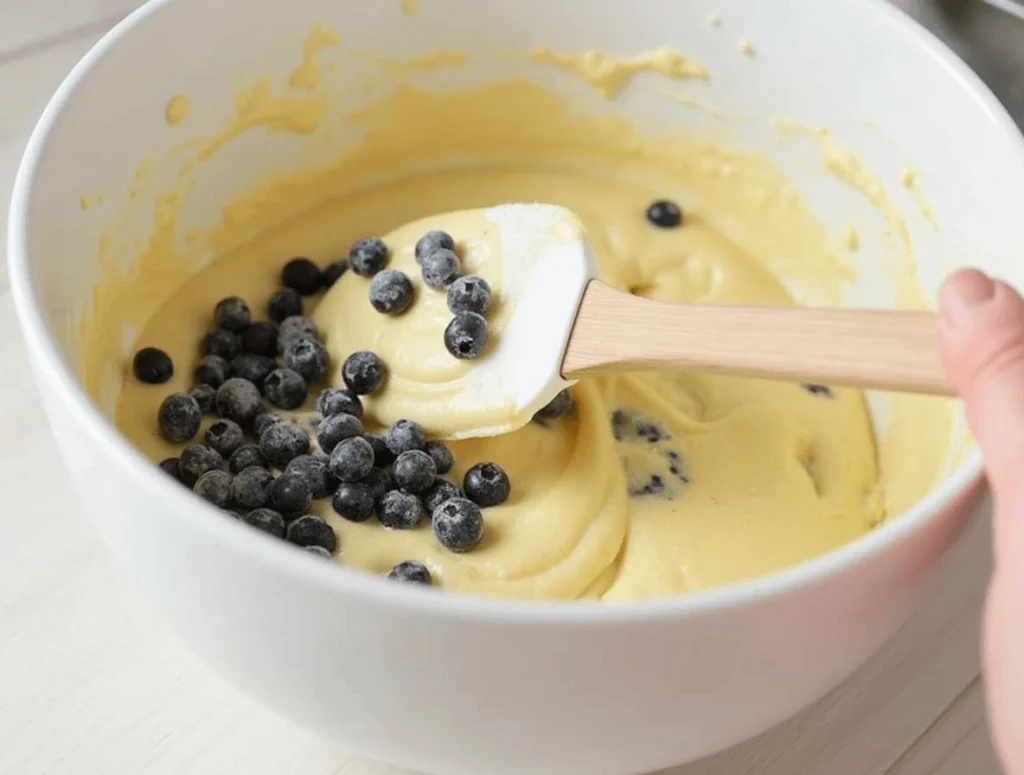 Gently folding fresh blueberries into batter for lemon blueberry bread without crushing them.