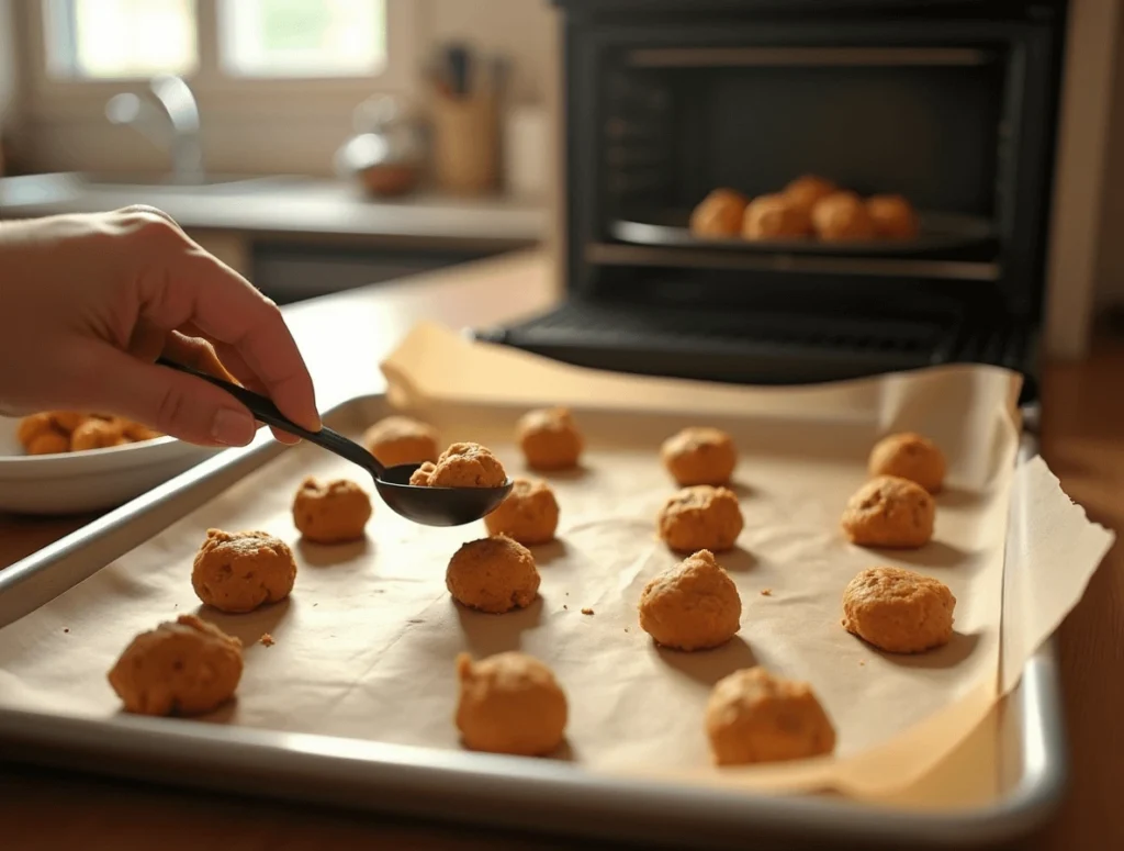 Shaping dough balls and placing them on a baking tray to bake carrot cake cookies.