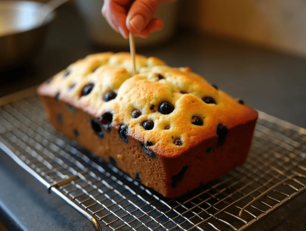 Testing the doneness of lemon blueberry bread by inserting a toothpick into the center of the loaf.