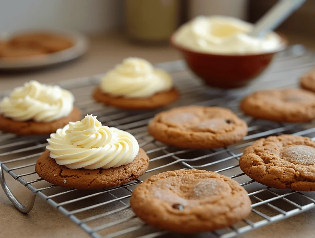 Carrot cake cookies cooling on a wire rack with a bowl of cream cheese frosting.