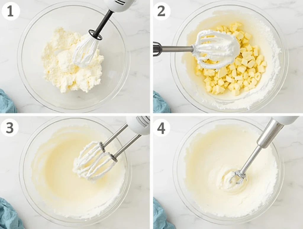 Step-by-step process of making cream cheese frosting with mixing ingredients and finished frosting