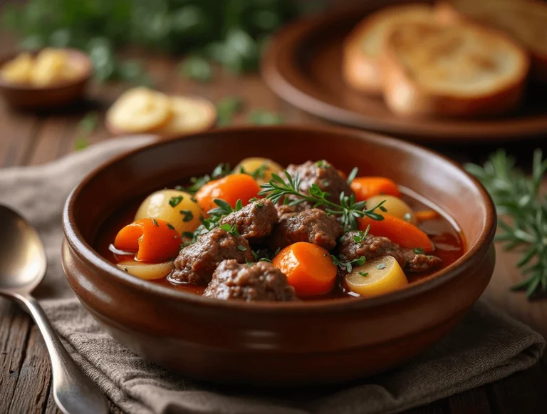 Chunks of tender stew meat in a rich, savory broth with vegetables.