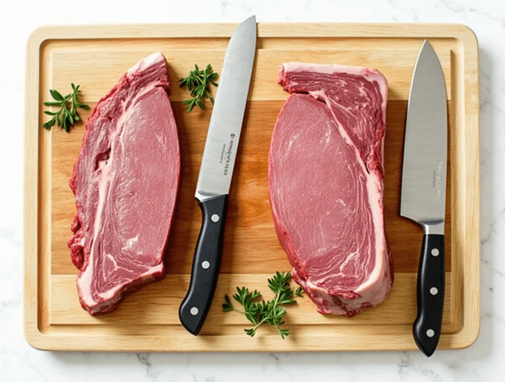 Side-by-side comparison of flat cut and point cut brisket, showcasing the leaner flat cut and marbled point cut.