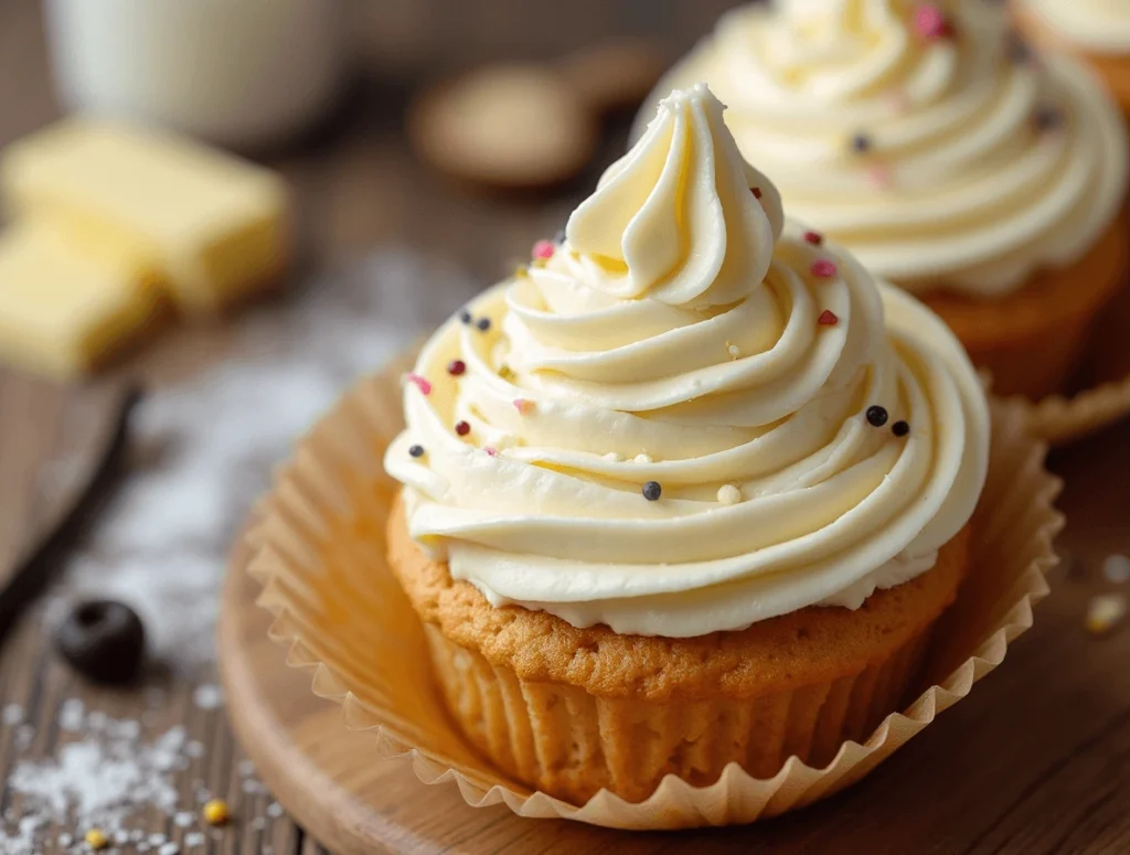 Delicious cupcakes with smooth cream cheese frosting topped with colorful sprinkles