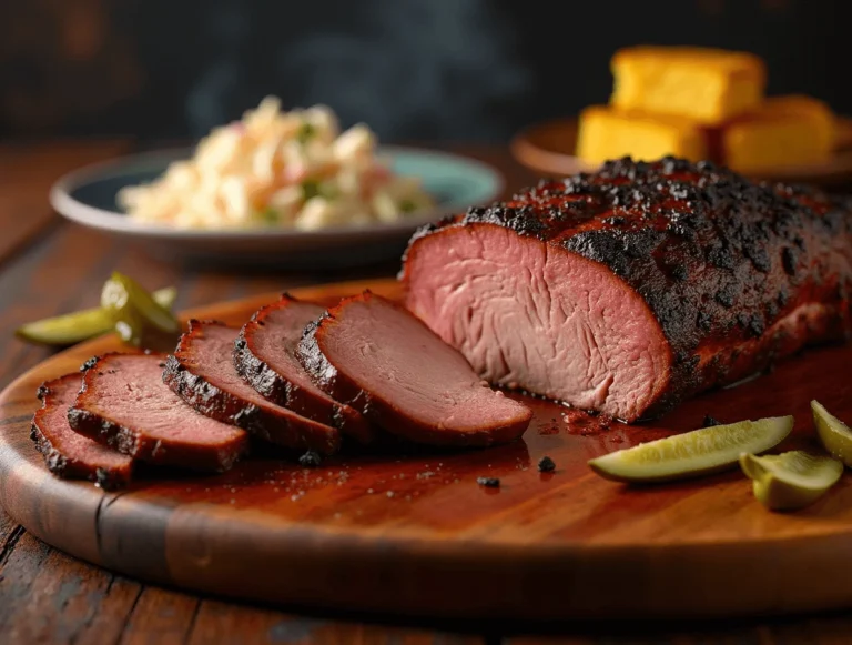 Perfectly cooked brisket served with classic BBQ sides, showcasing tender slices with a crispy bark.