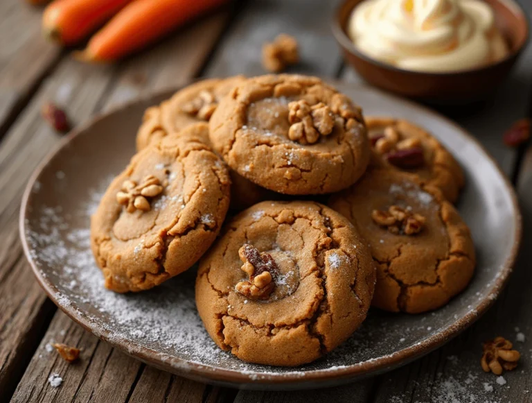 Freshly baked carrot cake cookies topped with cream cheese frosting and a sprinkle of cinnamon.