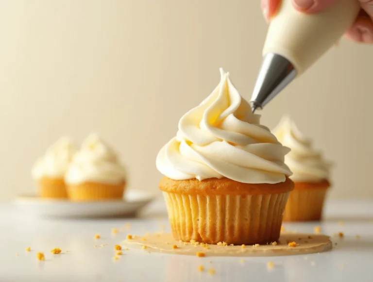 Close-up of a cake with smooth, creamy cream cheese frosting swirls on top