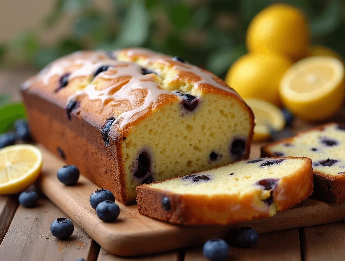 Freshly baked lemon blueberry bread loaf with blueberries and lemon slices on a wooden surface.