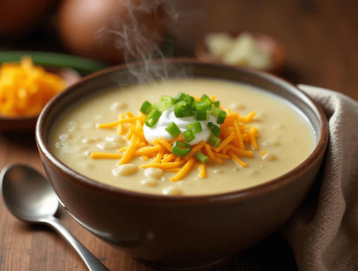 A bowl of creamy potato soup garnished with shredded cheddar, green onions, and a dollop of sour cream.