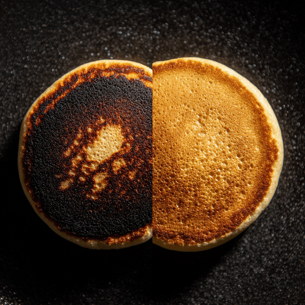 5 Mistakes Sabotaging Your Nutella Mini Pancakes (And How to Get Them Perfect) 6 Burnt pancake next to golden brown Nutella mini pancake
