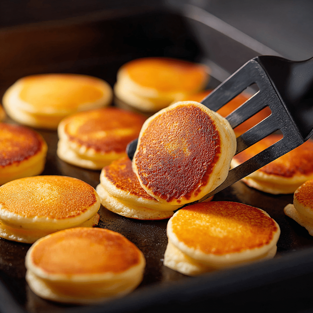 The Best Mini Pancake Cereal Recipe (Easy and Foolproof) 5 Flipping golden mini pancakes with spatula